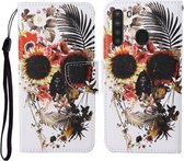 Voor Samsung Galaxy A21 Gekleurde Tekening Patroon Horizontale Flip Leren Case met Houder & Kaartsleuven & Portemonnee & Lanyard (Bloem Schedel)