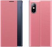 Zijruit-display Magnetische Zuigkracht Plain Grain Flip PU-leer + PC-hoes met houder voor iPhone XS / X (roze)