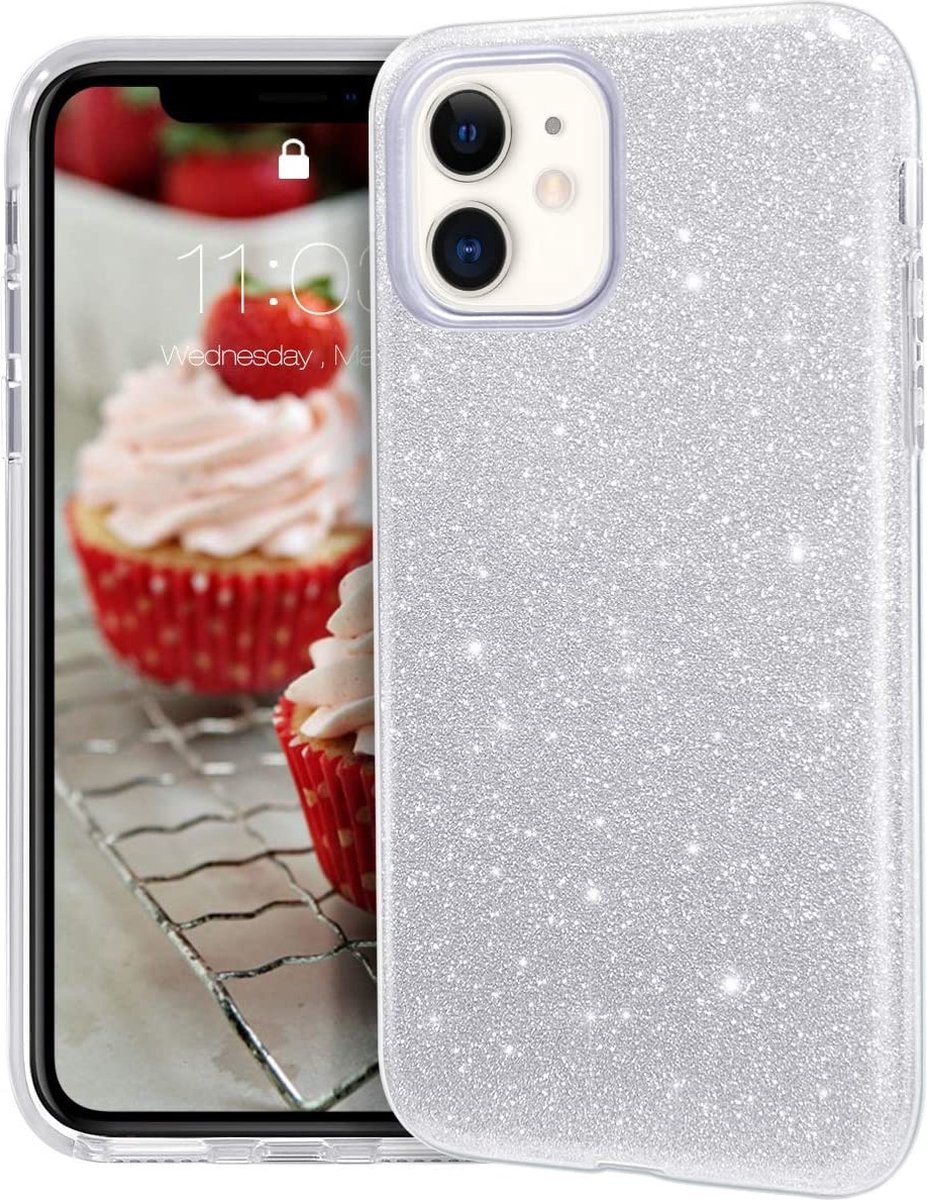 Hoesje Geschikt voor iPhone 12 / 12 Pro Hoesje - Glitter TPU backcover - Zilver