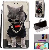 Voor Samsung Galaxy A71 Gekleurde Tekening Cross Textuur Horizontale Flip PU Lederen Case met Houder & Kaartsleuven & Portemonnee & Lanyard (Gouden Ketting Grijze Kat)