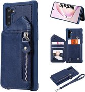 Voor Galaxy Note 10 Dubbele gespen Rits Schokbestendige achterkant Beschermhoes met houder & kaartsleuven & portemonnee & lanyard & fotolijsten (blauw)