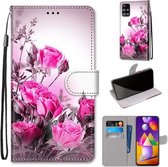 Voor Samsung Galaxy M31s Gekleurde Tekening Cross Textuur Horizontale Flip PU Lederen Case met Houder & Kaartsleuven & Portemonnee & Lanyard (Wild Rose)