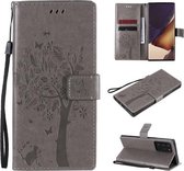 Voor Samsung Galaxy Note20 Ultra Tree & Cat Pattern Pressed Printing Horizontale Flip PU lederen tas met houder & kaartsleuven & portemonnee & lanyard (grijs)