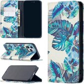 Gekleurd tekenpatroon Onzichtbare magnetische horizontale Flip PU lederen tas met houder & kaartsleuven & portemonnee voor iPhone 12/12 Pro (blauwe bladeren)