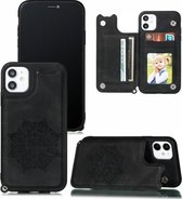 Voor iPhone 12/12 Pro Mandala reliëf PU + TPU hoesje met houder & kaartsleuven & fotolijst & draagriem (zwart)