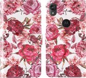 Voor Motorola Moto E6 3D Schilderij Gekleurd Tekening Patroon Horizontaal Flip TPU + PU Leren Hoesje met Houder & Kaartsleuven & Portemonnee & Lanyard (Kleine Rode Bloem)