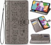 Voor Samsung Galaxy A41 Mooie kat en hond reliëfpatroon Horizontale flip lederen tas, met houder & kaartsleuven & portemonnee & cartoon sluiting & lanyard (grijs)