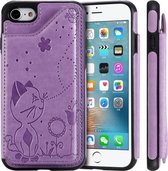 Voor iPhone SE 2020/8/7 Cat Bee Embossing Pattern Schokbestendige beschermhoes met kaartsleuven en fotolijst (paars)