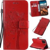 Tree & Cat Pattern Pressed Printing Horizontale Flip PU lederen tas met houder & kaartsleuven & portemonnee & lanyard voor iPhone 11 Pro Max (rood)