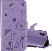 Voor iPhone X / XS Cat Bee Embossing Pattern Schokbestendige horizontale flip lederen tas met houder & kaartsleuven & portemonnee (paars)