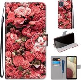 Voor Samsung Galaxy A12 / M12 Gekleurde tekening Cross Texture Horizontale Flip PU lederen tas met houder & kaartsleuven & portemonnee & lanyard (Pink Rose Garden)