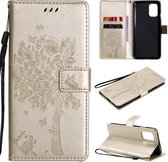 Voor OnePlus 8T Tree & Cat Pattern Pressed Printing Horizontale Flip PU lederen hoes met houder & kaartsleuven & portemonnee & lanyard (goud)