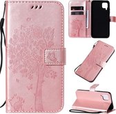 Voor Huawei P40 Lite / nova 6 SE Tree & Cat Pattern Pressed Printing Horizontale Flip PU Leather Case met houder & kaartsleuven & portemonnee & Lanyard (Rose Gold)