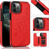 Vlinders Bloemen Dubbele gesp PU + TPU beschermhoes met houder & kaartsleuven en fotolijst voor iPhone 12/12 Pro (rood)