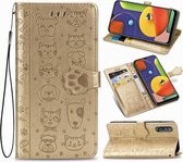 Voor Galaxy A70 / A70S Leuke Kat en Hond Reliëf Horizontale Flip Leren Case met Beugel / Kaartsleuf / Portemonnee / Lanyard (Goud)