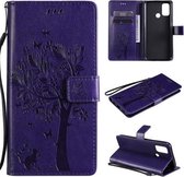 Voor OPPO A53 (2020) / A32 Tree & Cat Pattern Pressed Printing Horizontale Flip PU lederen tas met houder & kaartsleuven & portemonnee & lanyard (paars)