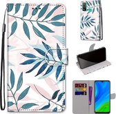 Voor Huawei P smart 2020 Gekleurde Tekening Cross Textuur Horizontale Flip PU Lederen Case met Houder & Kaartsleuven & Portemonnee & Lanyard (Roze Groen Blad)