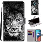 Voor Motorola Moto E7 Gekleurde Tekening Cross Textuur Horizontale Flip PU Lederen Case met Houder & Kaartsleuven & Portemonnee & Lanyard (Zwart Wit Leeuwenkop)