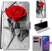 Voor Huawei Honor 9A Gekleurde Tekening Cross Textuur Horizontale Flip PU Lederen Case met Houder & Kaartsleuven & Portemonnee & Lanyard (B10 Hout Rood Rose)