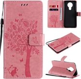 Voor Nokia 3.4 Tree & Cat Pattern Pressed Printing Horizontale Flip PU Leather Case met houder & kaartsleuven & portemonnee & Lanyard (roze)