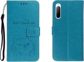 Voor Sony Xperia 10 II Reliëf Shiba Inu Links en Rechts lederen tas met standaard & kaartsleuf & sallet (blauw)