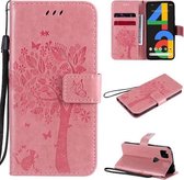 Voor Google Pixel 4a 4G Boom & Kat Reliëfpatroon Horizontale Flip Leren Case met Houder & Kaartsleuven & Portemonnee & Lanyard (Roze)