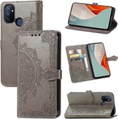 Voor OnePlus Nord N100 Mandala bloem reliëf horizontaal flip lederen hoesje met houder & drie kaartsleuven & portemonnee & lanyard (grijs)