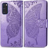 Voor Galaxy S20 Butterfly Love Flower Reliëf Horizontale Flip Leren Case met Beugel / Kaartsleuf / Portemonnee / Lanyard (Lichtpaars)