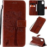 Voor Galaxy A51 Boom & Kat Patroon Geperst Afdrukken Horizontale Flip PU Lederen Case met Houder & Kaartsleuven & Portemonnee & Lanyard (Koffie)