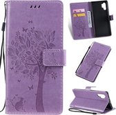 Tree & Cat Pattern Pressed Printing Horizontale Flip PU lederen tas met houder & kaartsleuven & portemonnee & lanyard voor Galaxy Note 10+ / 10 Pro (lichtpaars)