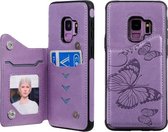 Voor Galaxy S9 vlinder reliëfpatroon schokbestendig beschermhoes met houder & kaartsleuven & fotolijst (paars)