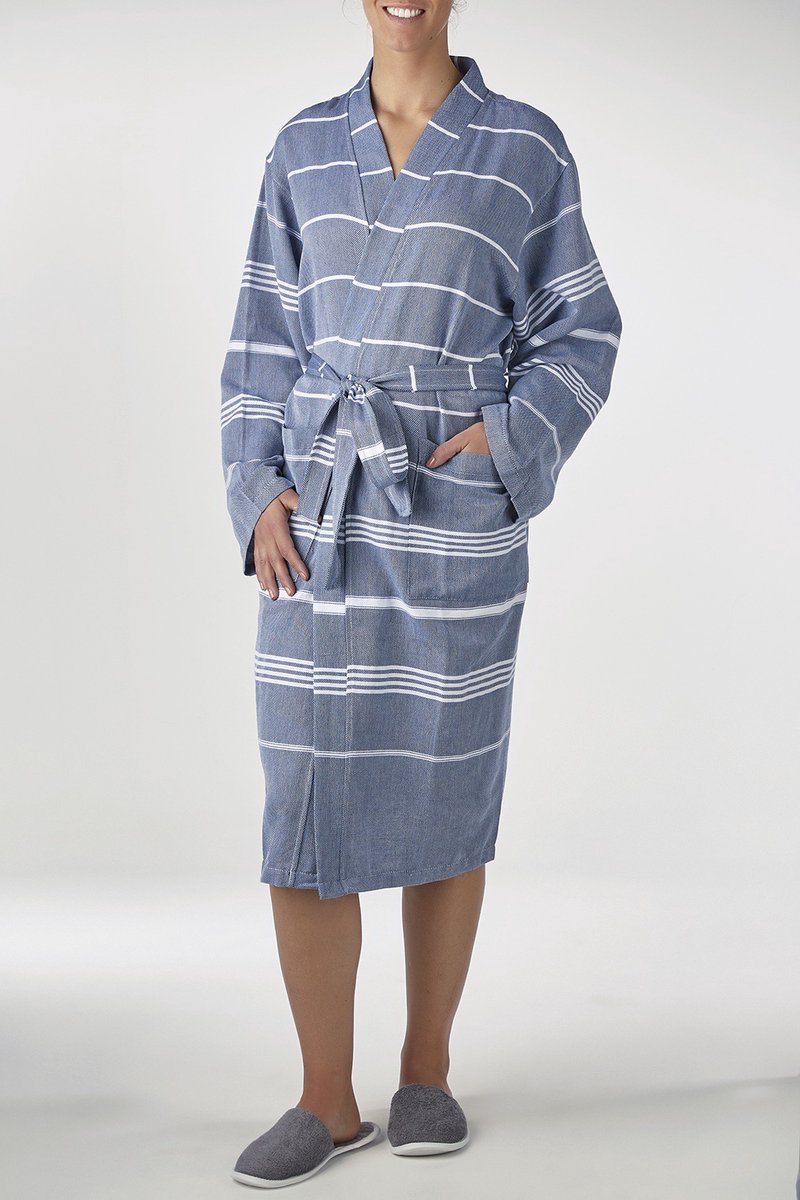 Hamam Badjas Leyla Navy - L - dames/heren/unisex - dunne badjas - luxe kwaliteit - sauna badjas - kimono badjas - ochtendjas - duster - reisbadjas - badmantel - L - zomer badjas - sauna badjas met capuchon