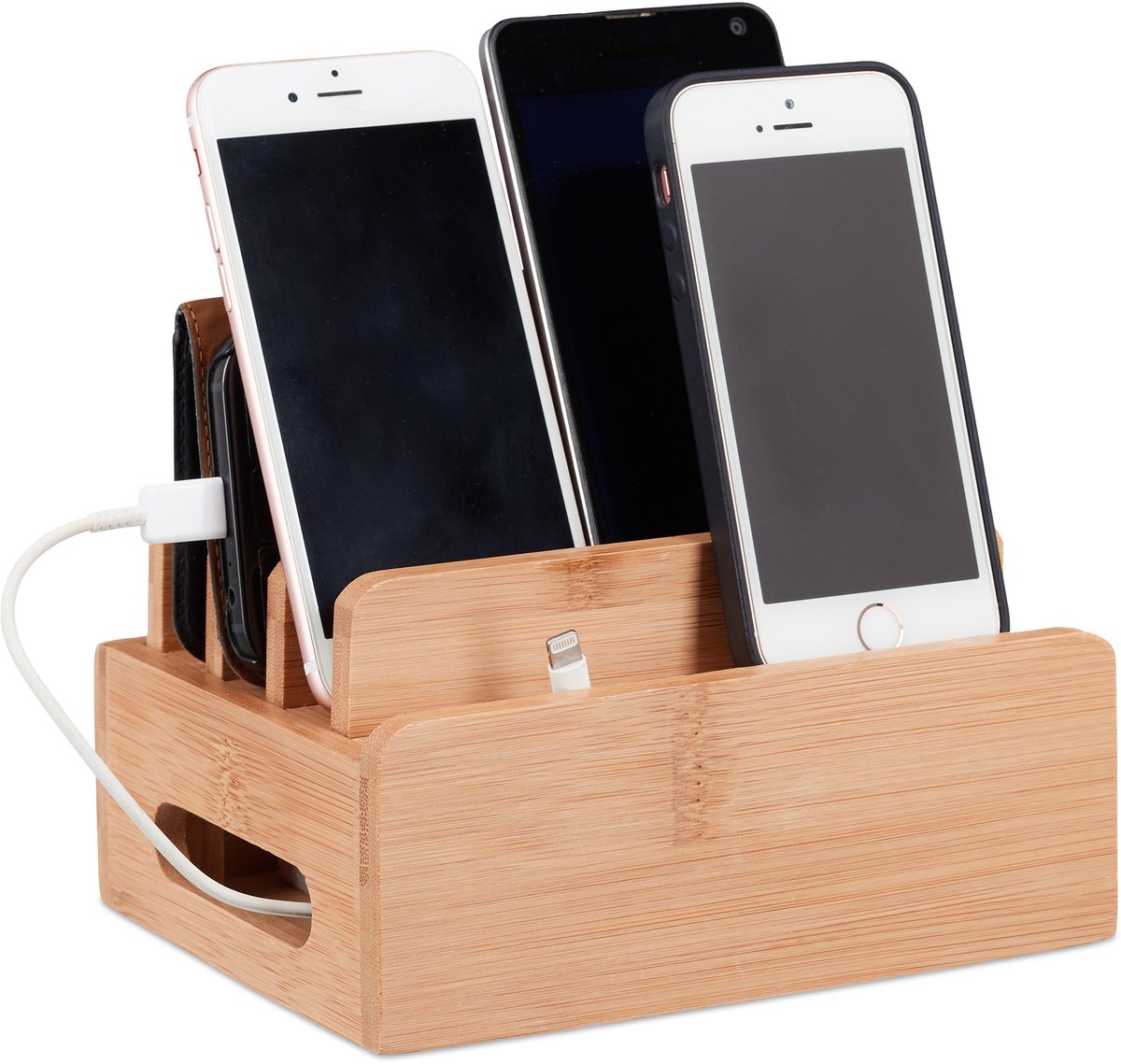 bamboe kabelbox - 6 apparaten - kabelorganizer - telefoonhouder - oplaadstation