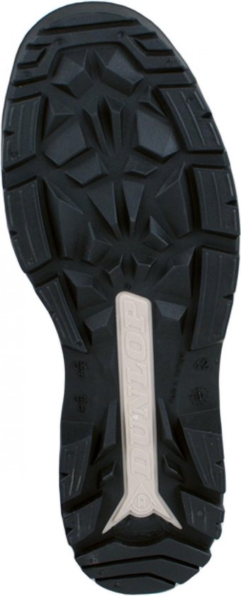 Zwarte Dunlop profielzool met groen en beige accent.