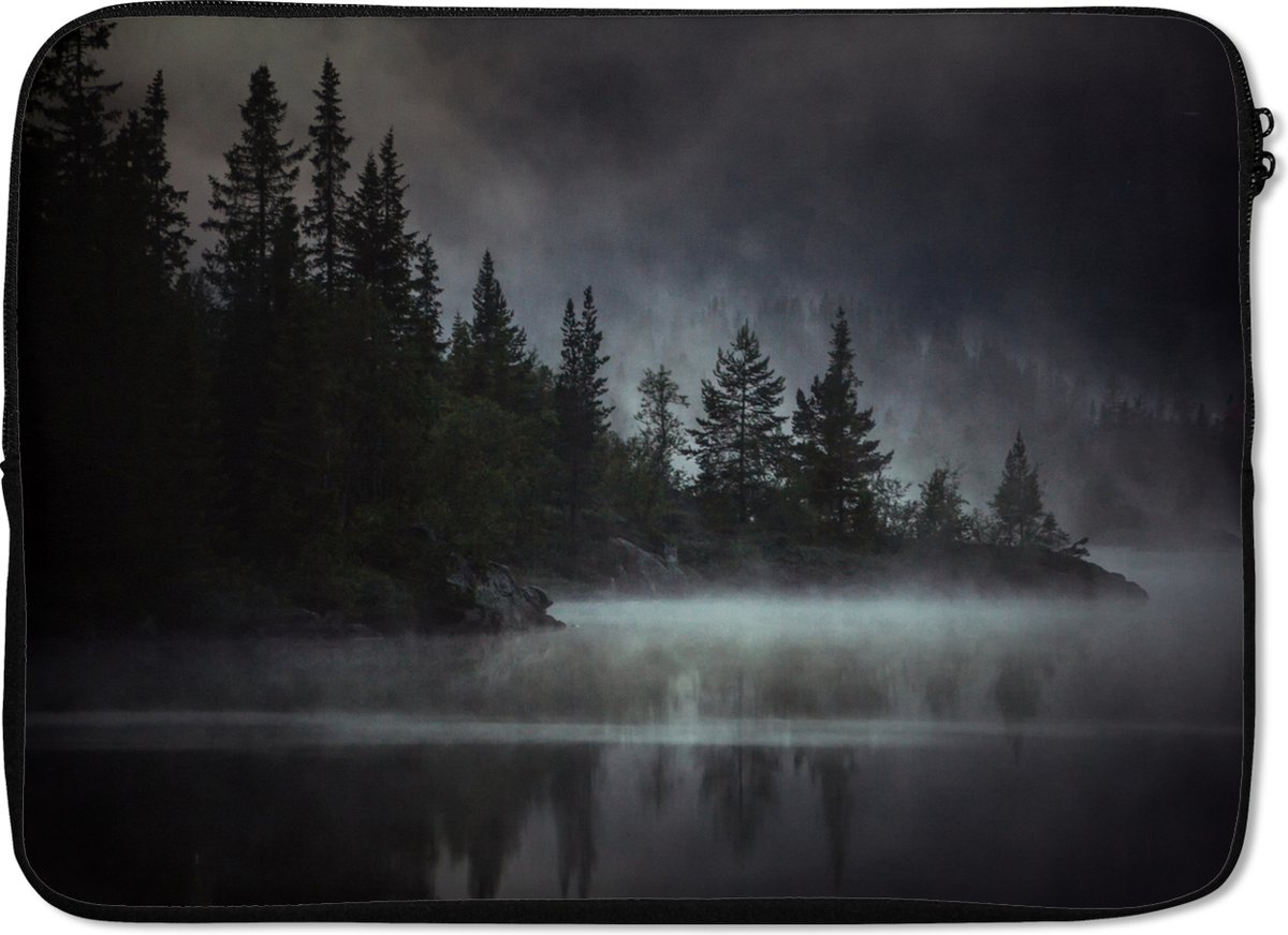Laptophoes 14 inch - Bos - Mist - Zwart - Wit - Laptop sleeve - Binnenmaat 33x23 cm - Zwarte achterkant