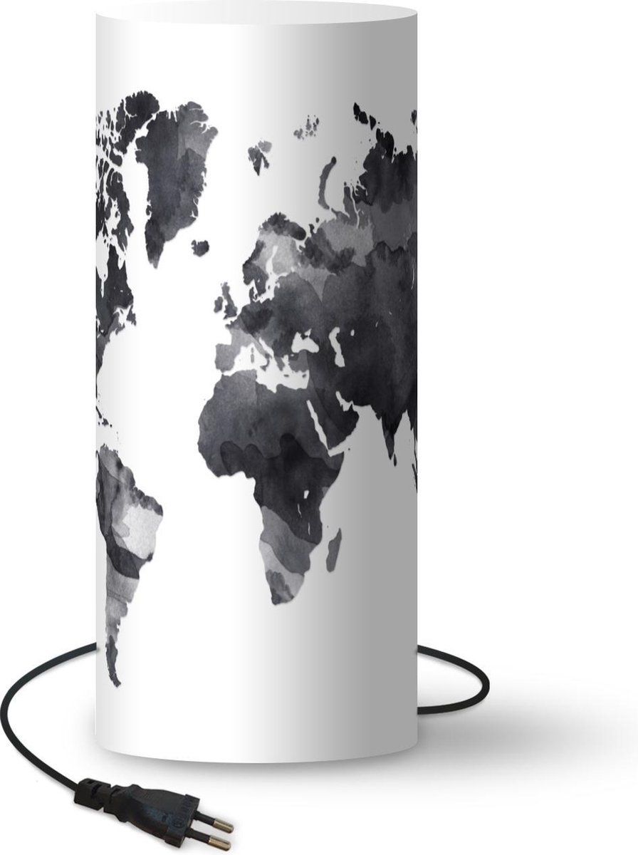 Lamp - Nachtlampje - Tafellamp slaapkamer - Wereldkaart - Waterverf - Zwart - Wit - 33 cm hoog - Ø14.3 cm - Inclusief LED lamp