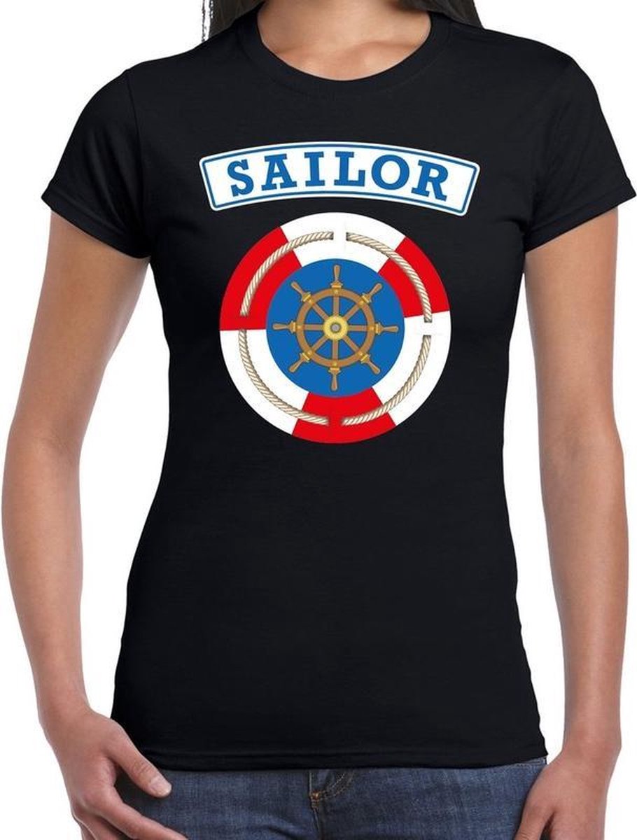 Afbeelding van product Bellatio Decorations  Zeeman/sailor verkleed t-shirt zwart voor dames - maritiem carnaval / feest shirt kleding / kostuum S  - maat S