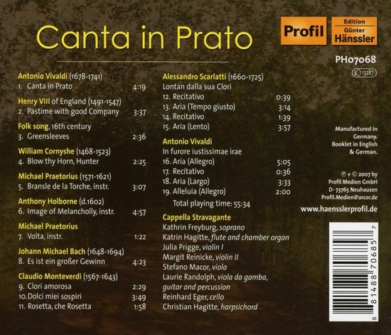 Albumhoes van "Canta in Prato" met de titel in grote letters, en lijst met uitvoerders en titels.
