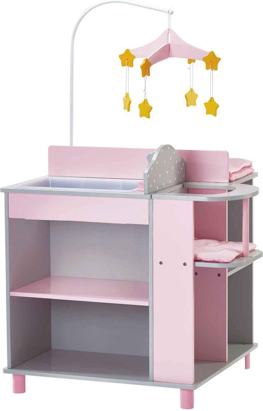 Grijze poppencommode met roze en blauwe vakken, witte stippen. Inclusief badje, commodeblad en mobiel met gele sterren.