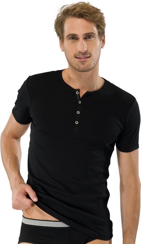 SCHIESSER Retro Rib T-shirt - O-hals met knoopsluiting - zwart Maat: S | bol.com