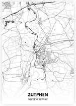 Zutphen plattegrond - A4 poster - Zwart witte stijl