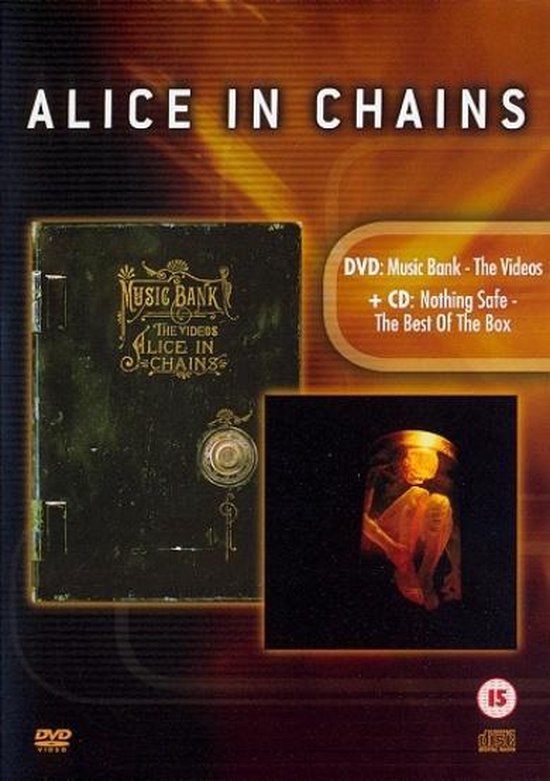 Alice in Chains Music Bank DVD en CD set. De hoes toont een groene kluis met de tekst 'Music Bank The Videos Alice In Chains'.