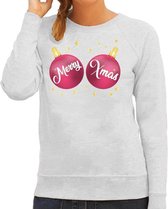 Foute kersttrui / sweater grijs met roze Merry Xmas borsten voor dames - kerstkleding / christmas outfit L (40)