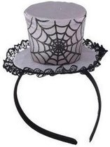 Halloween - Grijze verkleed mini hoed op diadeem met spinnenweb voor dames - Halloween/carnaval verkleedaccessoires hoeden - Mini hoge hoedjes