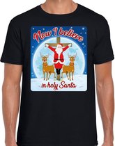 Fout Kerstshirt / t-shirt - Now I believe in Holy Santa - zwart voor heren - kerstkleding / kerst outfit S