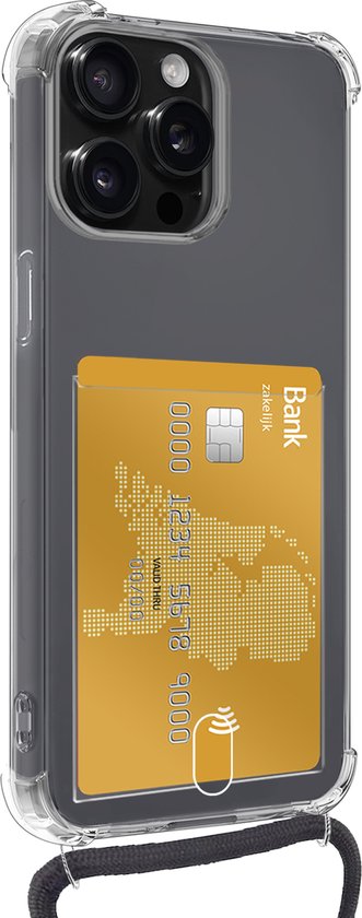 Coque adaptée pour iPhone 14 Pro Max avec porte-cartes et cordon résistant aux chocs, étui en Siliconen avec cordon de téléphone et porte-cartes - Transparent