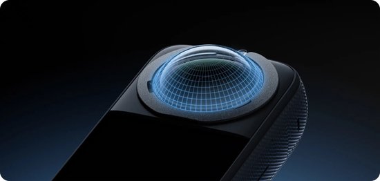 Close-up van de lens van de Insta360 X3, met een blauw raster overlay.