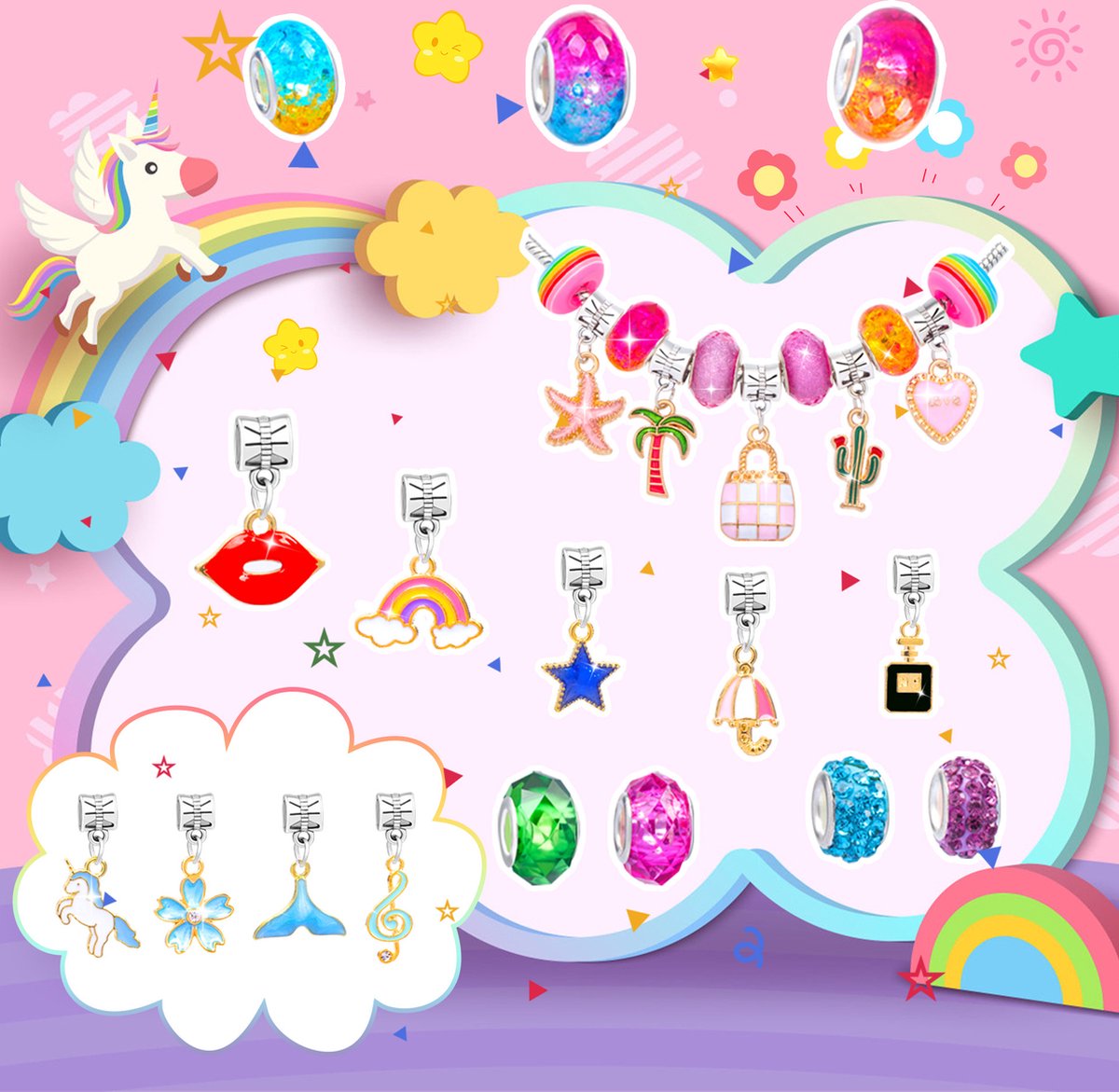 Sieradenset Meisje(128pcs) -DIY sieradendoos -Kettingen armbanden zelf maken - sieraden DIY knutselset voor kinderen - bedelarmbandkit doe-het-zelf kindersieraden, knutselen, kinderspeelgoed(5-12 jaar)-Roze — afbeelding 3