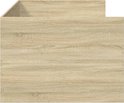 Detail van het houten dagbed met lades in eikenkleur.