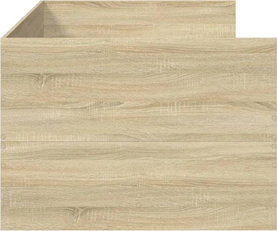 Detail van het houten dagbed met lades in eikenkleur.